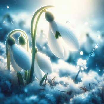 Macro photography of snowdrops in glistening snow, enveloped in frost and soft light. A wintery natural idyll with delicate, filigree details. Winter flower.