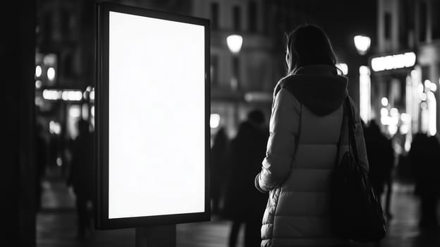 Woman stands looking at white empty shining advertising banner vertical billboard on the street at night. People walk by, dark city lights background