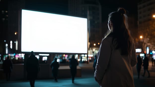 Woman stands looking at white empty shining advertising horizontal banner billboard on the street at night. People walk by, dark city lights background