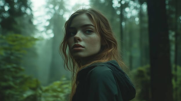 Travel, adventure, young woman traveler looking away standing in wild forest jungle surrounded by nature, green leaves plants against a tropical trees background, cinematic mood