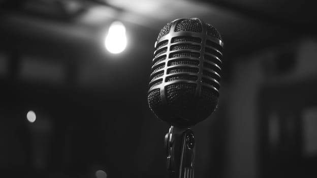 Close-up of a professional microphone for recording voice or vocal performance in a studio, dark lights background
