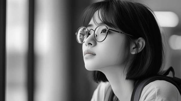 Portrait of Chinese young student woman with glasses and backpack thinking looking away standing at the university