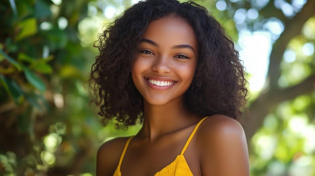 Close-up portrait of happy young African woman, joyful smile, black American girl in summer tropical park surrounded by green plants