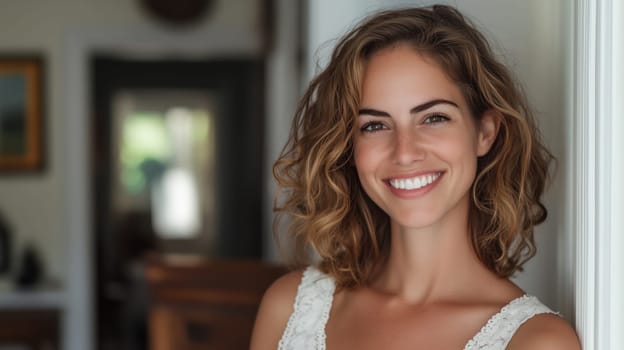 Portrait of beautiful happy smiling young woman with toothy smile, looking at camera standing in room at home
