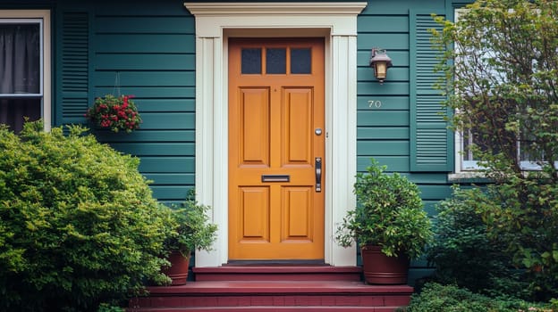 Wooden front door of a entrance suburban private residential house with cozy green decorated plants outside