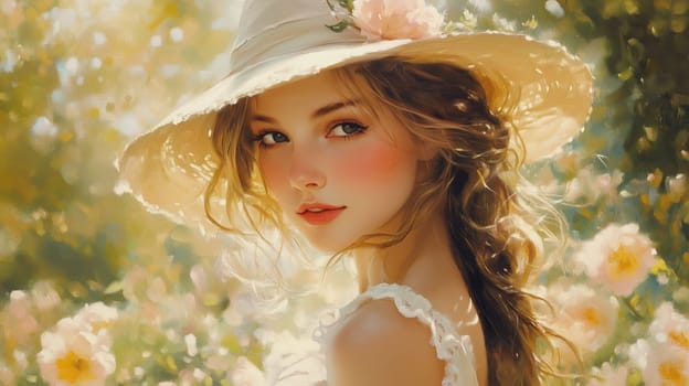 Oil painting portrait of beautiful romantic young woman in a summer straw hat and dress standing in a sunny garden with flowers, beauty and nature