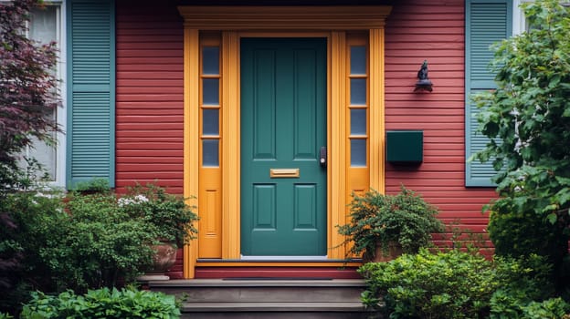 Wooden front door of a entrance suburban private residential house with cozy green decorated plants outside