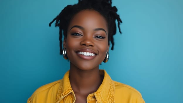 Portrait of happy young black American woman smiles, joyful African girl looking at camera standing on blue background