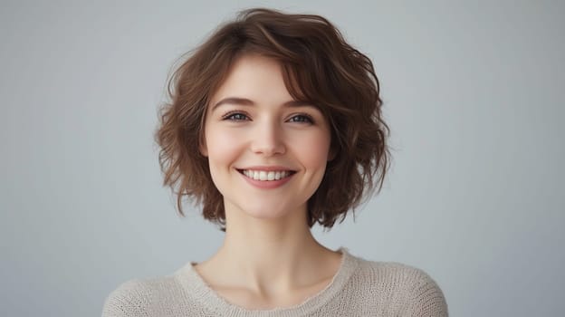 Portrait of happy young woman smiles with healthy clean skin, brunette hair, casual clothing, looking at camera, close up on gray background