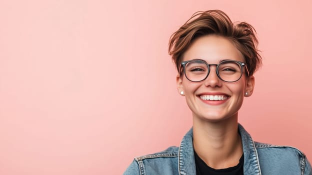 Portrait of happy modern young woman smiles with glasses, brunette short hair, casual clothing, looking at camera on pink studio background, copy space