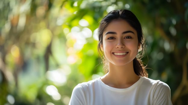 Close-up portrait of happy young woman smiles looking at camera surrounded by green plants in summer sunny park