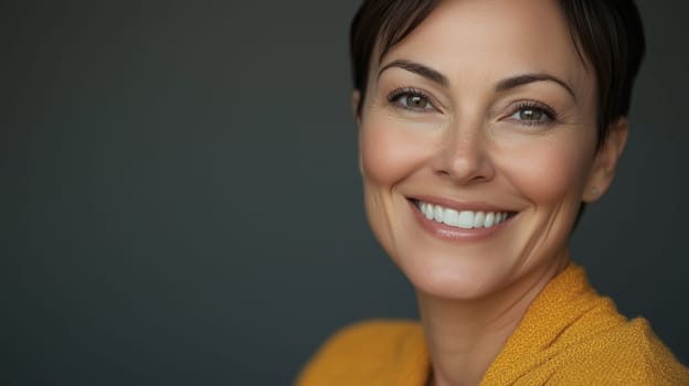 Portrait of beautiful happy smiling mature woman, brunette short hair, looking at camera on gray studio background