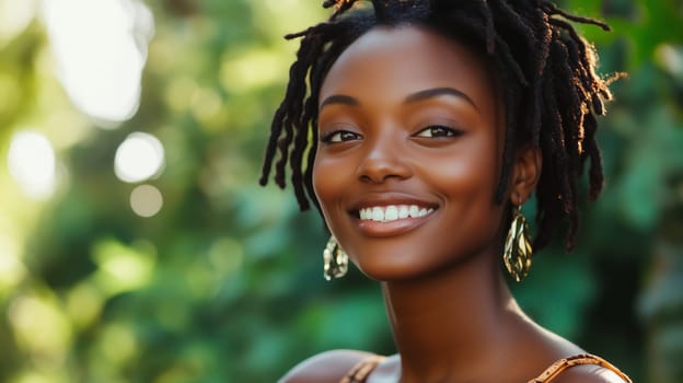 Close-up portrait of happy young African woman, joyful smile, black American girl in summer tropical park surrounded by green plants