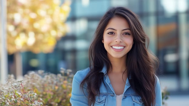 Portrait of happy smiling Hispanic young woman, brunette hair, casual clothing, looking at camera, standing on city street, park background