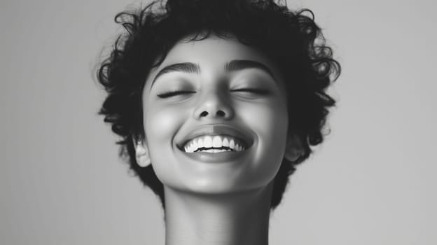 close-up portrait of happy young inspired woman toothy smiles with closed eyes, healthy clean skin, natural beauty, brunette curly hair, on gray background, studio shot