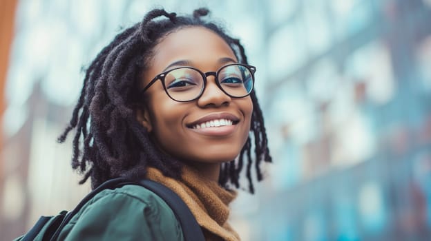 Portrait of happy modern young black American woman smiling with glasses, African female student with backpack standing near university
