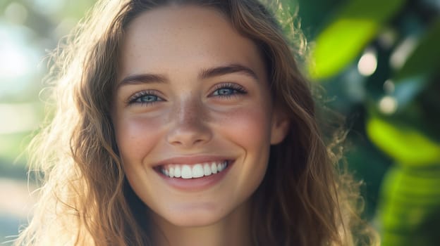 Close-up portrait of happy young woman smiles with healthy clean skin, looking at camera surrounded by green plants