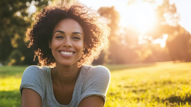 Close-up portrait of happy mature woman smiling with curly hair, sitting on grass in summer sunny park