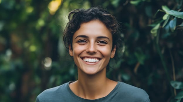 Travel portrait of happy young Hispanic woman traveler smiling in wild forest jungle surrounded by green leaves plants against a tropical trees background