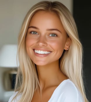 Close-up portrait of beautiful happy young woman with toothy joyful smile, blonde hair, clean natural skin, looking at camera, standing at home