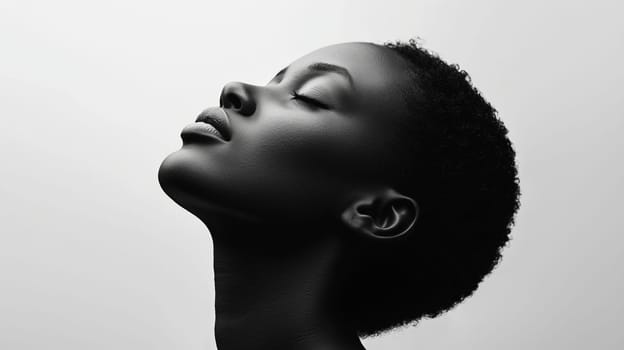 Beauty aesthetic portrait of silhouette black American young woman, beautiful trendy female African model posing on white studio background
