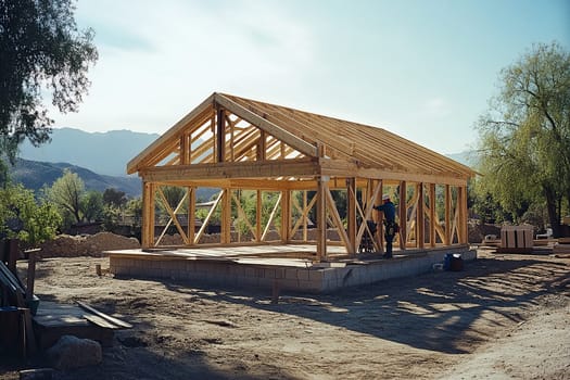 Timber frame structure on a construction site in the mountains against a cloudy sky. New home on an empty lot. The frame is ready for the installation of walls and roof.