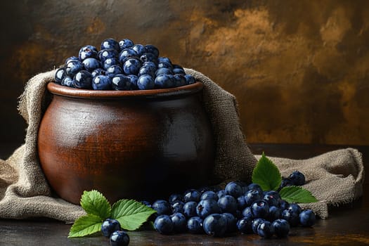 Clay pot full of fresh blueberries on rustic background with burlap on table.