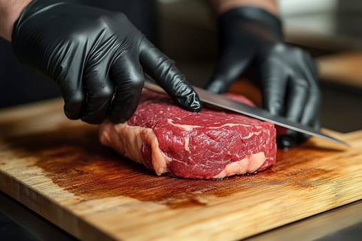 Chef's hands in black rubber gloves cutting beef steak with knife on wooden cutting board