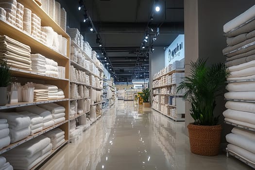 Shelves with terry towels and household goods in a store. Products for home comfort.