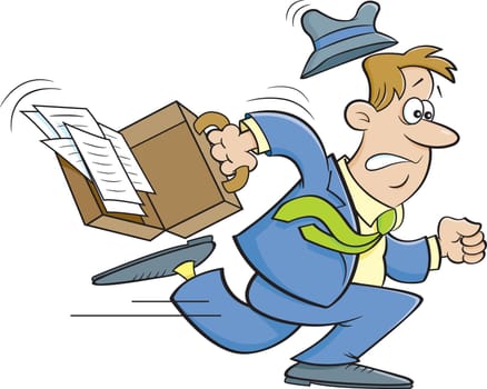 Cartoon illustration of a stressed businessman running with a briefcase.