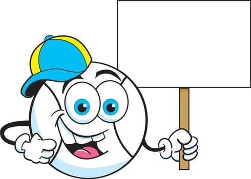 Black and white illustration of a baseball wearing a baseball cap and holding a sign.