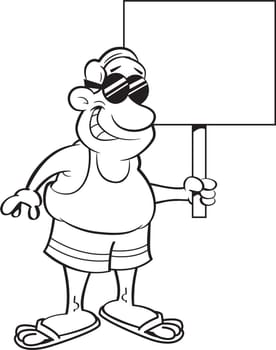 Black and white illustration of a man wearing a swimsuit and holding a sign.