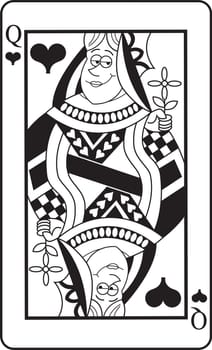 Black and white illustration of a queen of hearts playing card.