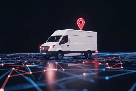 A white delivery truck parked on a digital world map represents the concept of logistics and transportation. The image captures modern connectivity in commerce and delivery services.