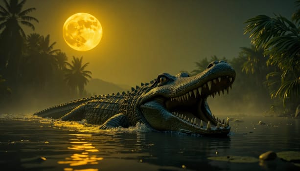 A crocodile is swimming in a lake with a full moon in the background. The scene is serene and peaceful, with the moon casting a soft glow on the water