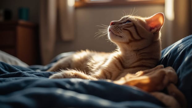 A cat is laying on a bed in the sunlight. The cat is looking up at the camera