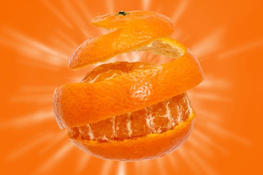 Tangerine peeled off all around in a strip against a orange background