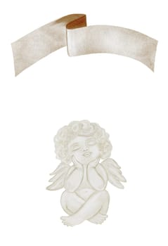Cherub angels cupids watercolor. Hand drawn little boy in a frame of bows in pastel colors on a white background. Clip art religious. Perfect for Valentine's Day and Christening cards and posters. High quality illustration. Baptism illustration
