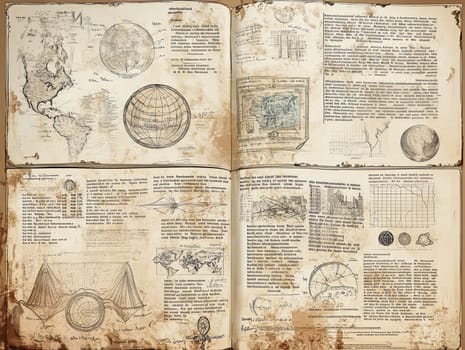 Detailed infographic from an old geographical journal presents maps, globes, and various scientific data reflecting past explorations and cartographic techniques used in historical geography.