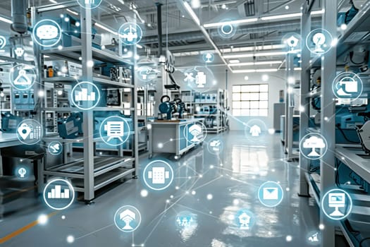 Smart factory with digital icons representing industry 4.0 technology in a modern industrial setting.