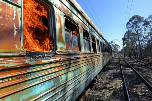 Abandoned train on fire in rural landscape capturing dramatic scene of destruction and nature.