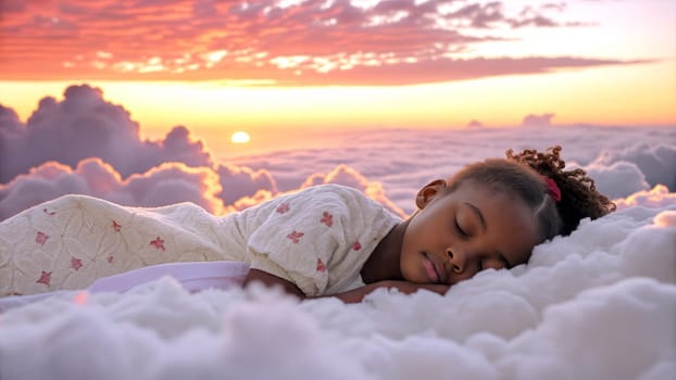 A young african american girl rests quietly atop fluffy clouds, surrounded by a stunning sunset filled with vibrant colors. The atmosphere feels serene and magical - Generative AI