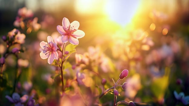 Cherry blossom flowers bloom vibrantly in a spring garden as the sun sets, casting a warm glow over the delicate petals and surrounding greenery - Generative AI