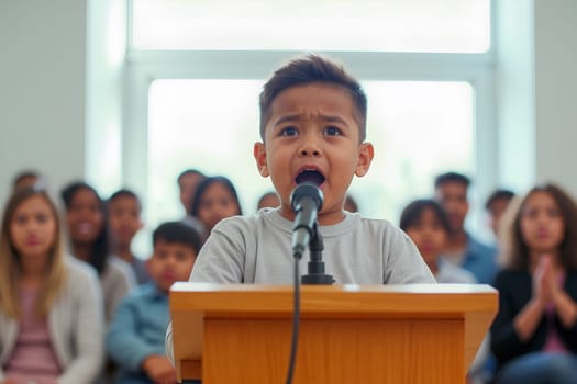 A young boy stands at a podium, delivering a speech with anxiety while a focused audience listens eagerly in a well-lit hall - Glossophobia concept - Generative AI