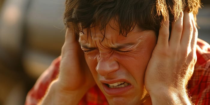 Close-up portrait of stressed young man covering ears with hands, suffering from loud noise or headache
