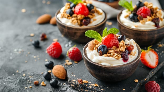 Three wooden bowls filled with creamy yogurt topped with granola, strawberries, blueberries, raspberries, and mint create a healthy dessert - Generative AI