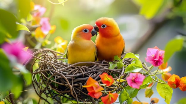 Two bright lovebirds cuddle together in their cozy nest surrounded by lush flowers, basking in the warm sunlight of a beautiful spring day, radiating joy and affection - Generative AI