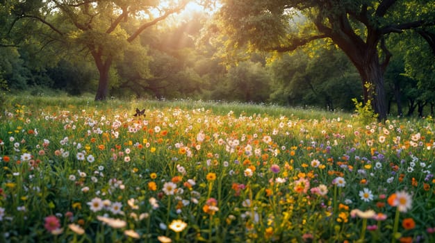 A colorful meadow brims with a variety of wildflowers, illuminated by the golden light of the setting sun. Trees stand majestically in the background, enhancing the tranquil atmosphere - Generative AI
