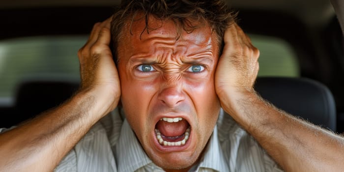 Stressed businessman covering his ears and screaming while driving his car, experiencing road rage