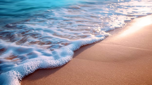 Soft waves roll onto a serene beach, meeting the golden sand as sunlight glistens on the water surface, creating a tranquil atmosphere - Summer holidays - Generative AI